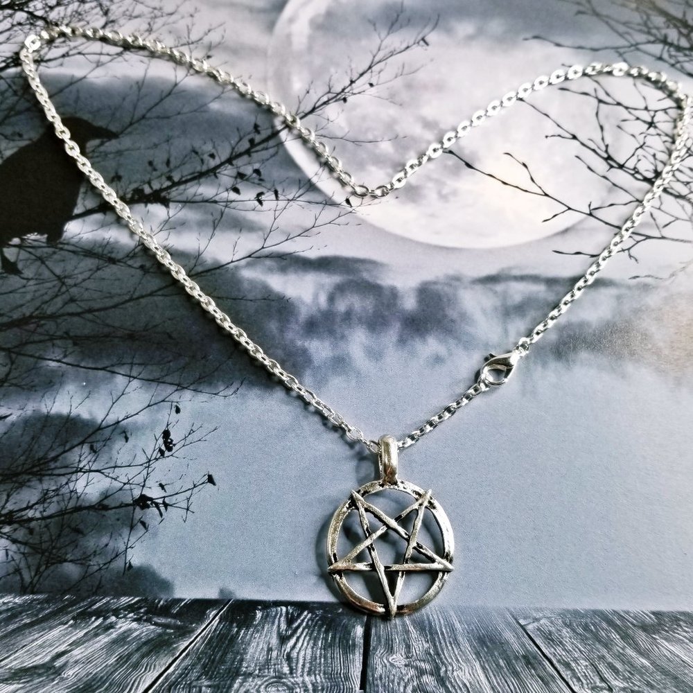 Silver Interlocking Pentagram Necklace LHP Gothic - Picture 3 of 4